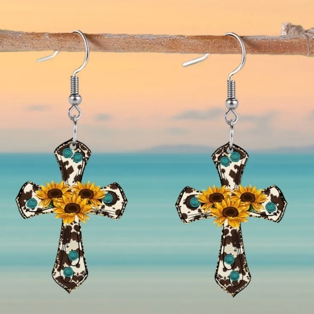 New women's cross sunflower 2d acrylic country dangling earrings